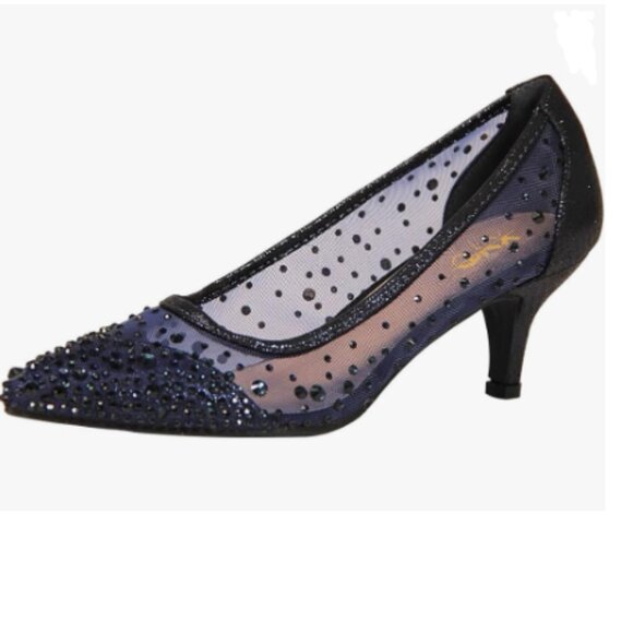 XYD Navy Pointed Toe Slip On Mesh Pumps Rhinestone Studs Comfy Kitten Heels Shoe - Picture 1 of 8